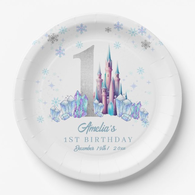 Prato De Papel Sparkle Silver Frozen Kingdom Castle primeiro aniv (Frente)