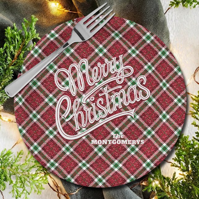 Prato De Papel Sparkly Merry Christmas Plaid  (Sparkly Merry Christmas Plaid Round Paper Plates - 7" or 9")