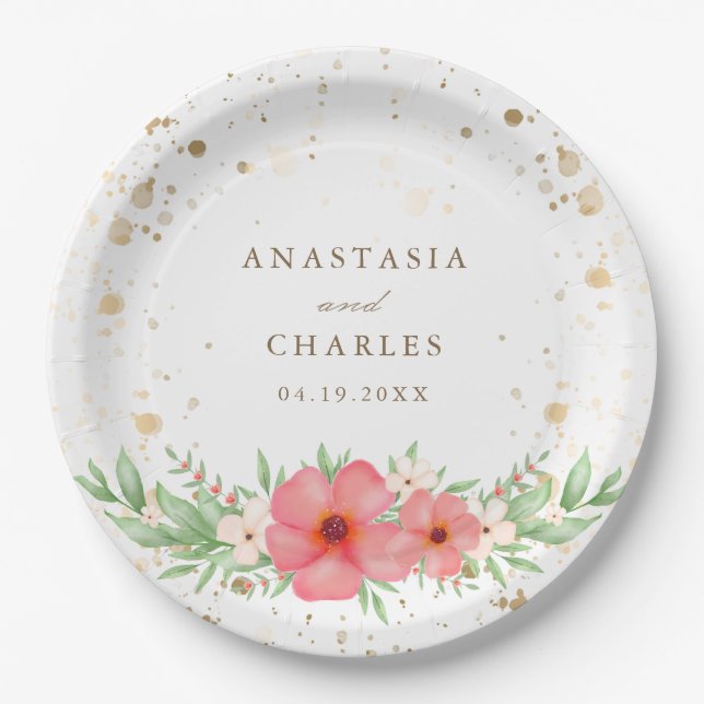Prato De Papel Speck Dourados Florais, cor-de-rosa-marfim (Frente)