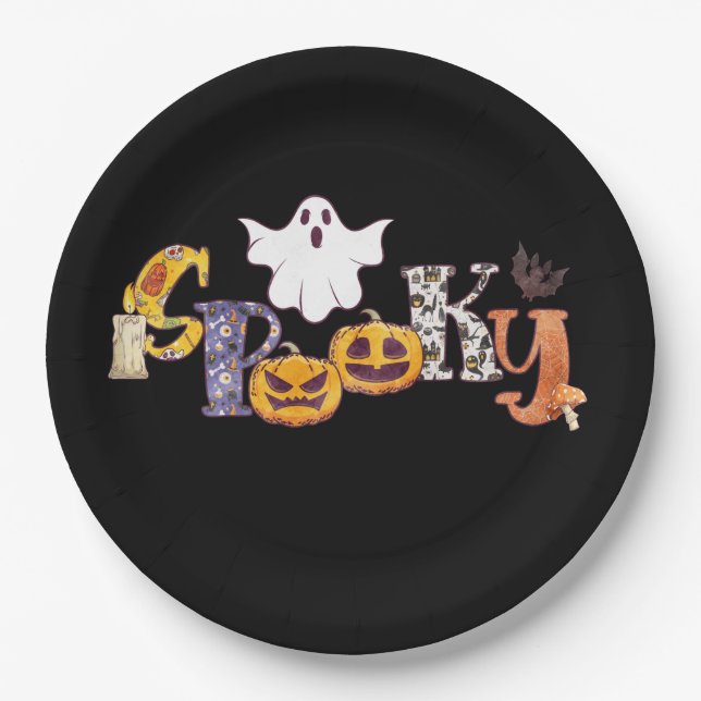 Prato De Papel Spookin Pumpkin Mushroom Ghost Bat Halloween (Frente)