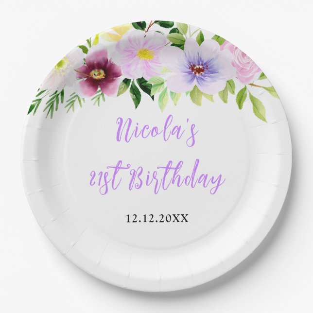 Prato De Papel Spring Purple Floral Birthday (Frente)