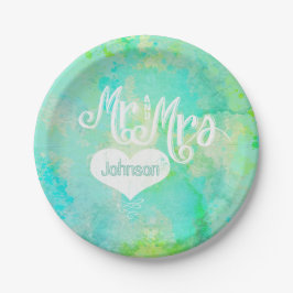 Prato De Papel Sr. e Sra. Blue Green Watercolor Style