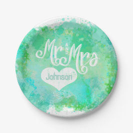 Prato De Papel Sr. e Sra. Blue Green Watercolor Style