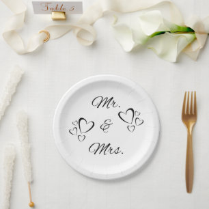 Prato De Papel Sr. e Sra. Modern Script White Wedding 