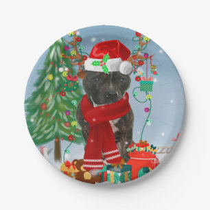 Prato De Papel Staffordshire Bull Terrier Dog Snow Christmas