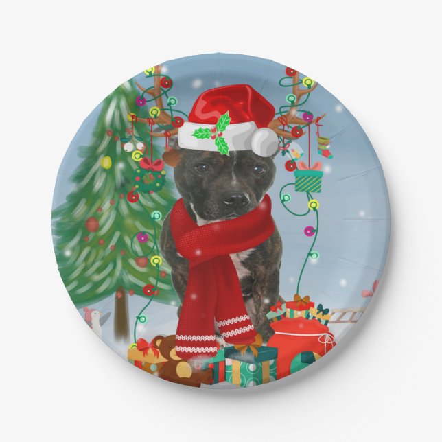 Prato De Papel Staffordshire Bull Terrier Dog Snow Christmas (Frente)