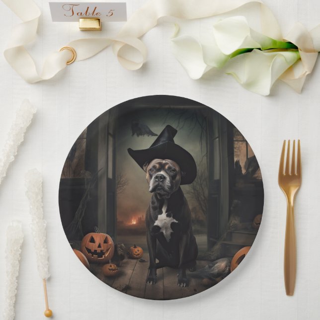 Prato De Papel Staffordshire Terrier Pumpkins Halloween Scary (Casamento)