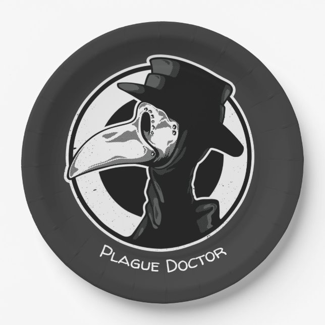 Prato De Papel Stampunk Plague Doctor Bird Mask B/W (Frente)