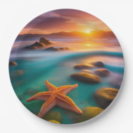 Prato De Papel Starfish na praia no Dawn