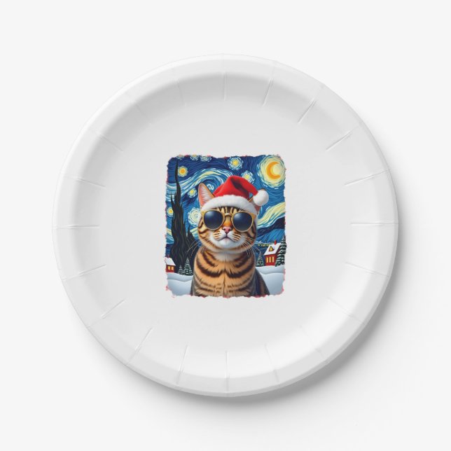 Prato De Papel Starry Night Orange Tabby Cat Christmas (Frente)