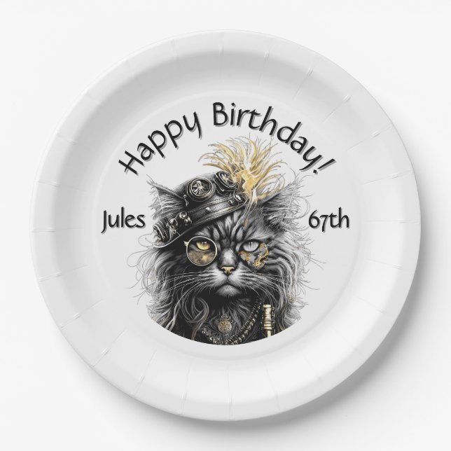 Prato De Papel Steampunk Cat Birthday with Name n Age (Frente)