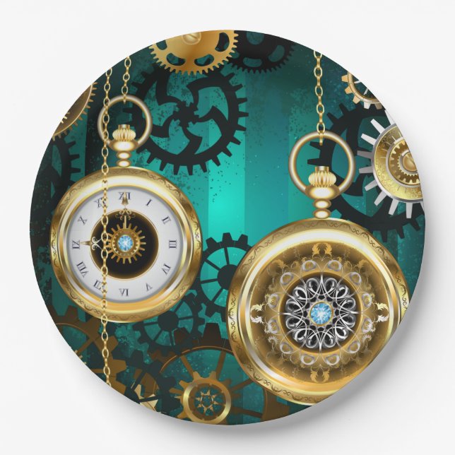 Prato De Papel Steampunk Jewelry Watch em um fundo verde (Frente)