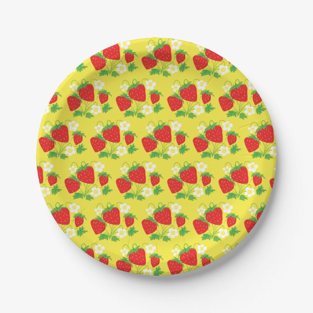 Prato De Papel Strawberry and Flowers Pattern Yellow (Frente)