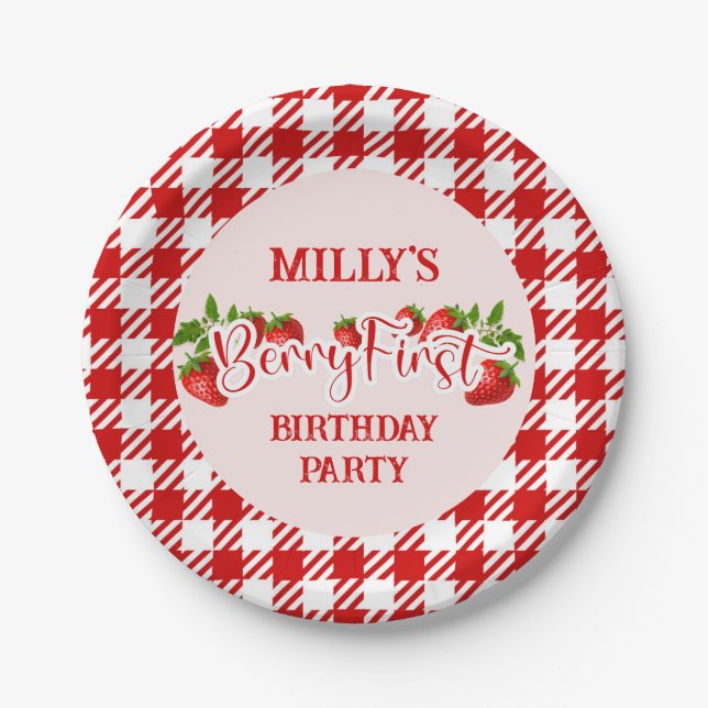 Prato De Papel Strawberry Berry First Birday Paper Plate (Frente)
