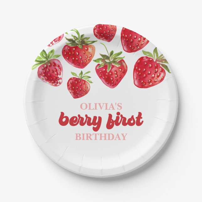 Prato De Papel Strawberry Berry First Birday Paper Plates (Frente)