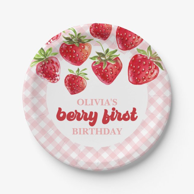 Prato De Papel Strawberry Berry First Birday Paper Plates (Frente)