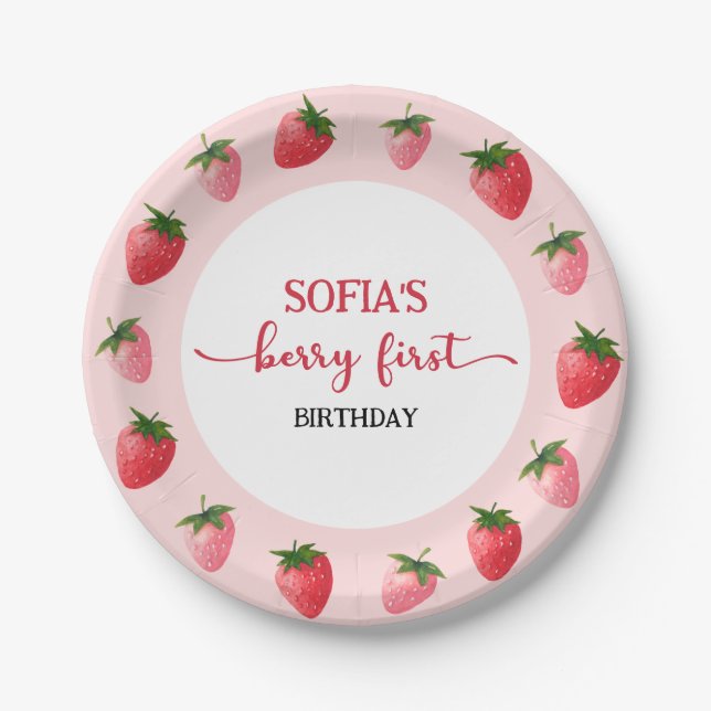 Prato De Papel Strawberry Berry Primeiro Aniversário (Frente)