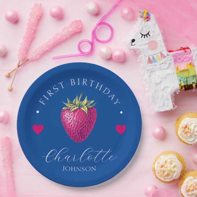 Prato De Papel Strawberry Hearts Birthday Girl Dark Blue (Festa)