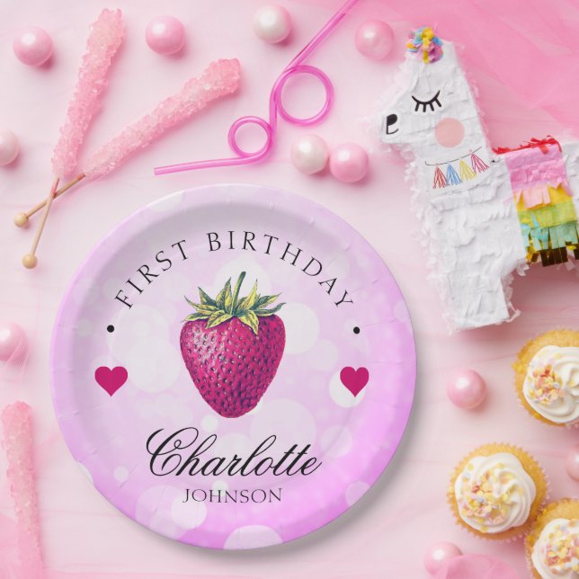 Prato De Papel Strawberry Hearts Birthday Girl Pink (Festa)