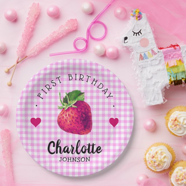 Prato De Papel Strawberry Hearts Birthday Girl Pink Checkered (Festa)