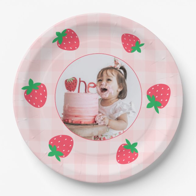 Prato De Papel Strawberry Pink Berry First Baby Birthday Foto (Frente)