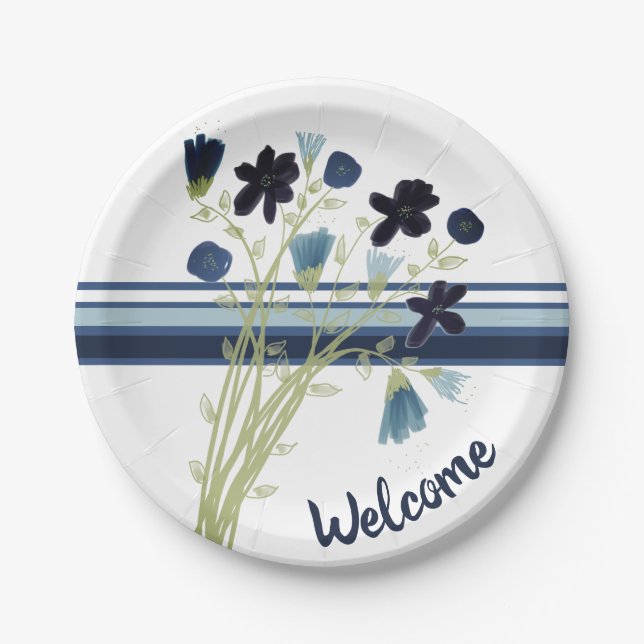 Prato De Papel Stripe Azul e Branco (Frente)