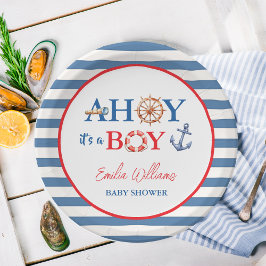 Prato De Papel Striped Blue Red Nautical Ahoy Boy Baby Shower