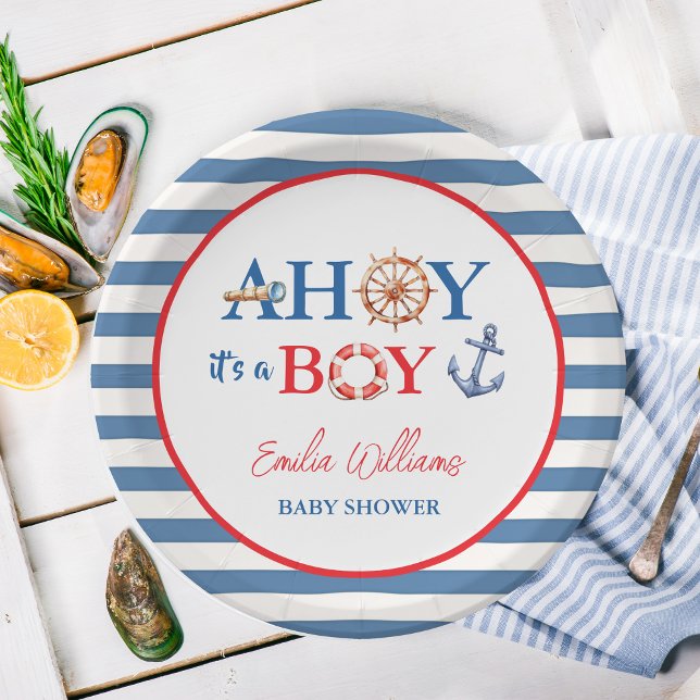Prato De Papel Striped Blue Red Nautical Ahoy Boy Baby Shower (Criador carregado)