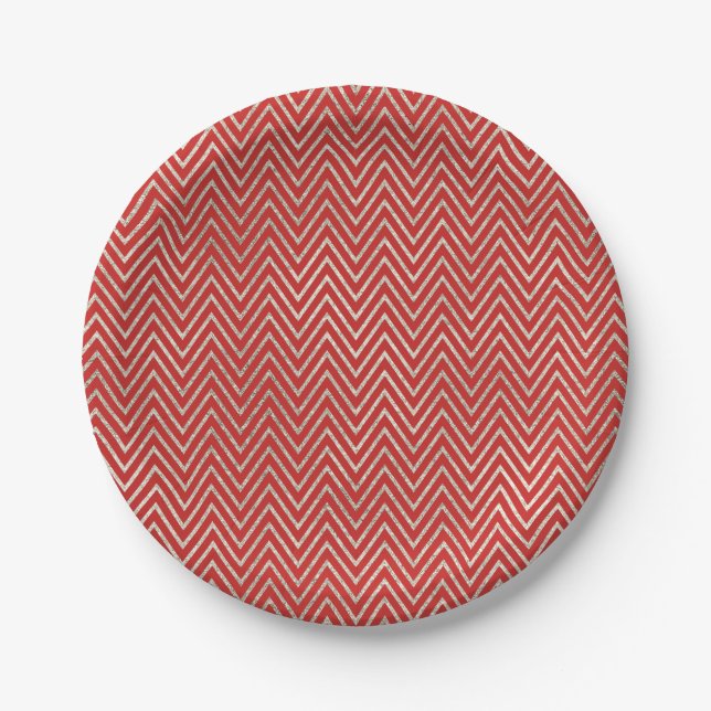 Prato De Papel Stripes de Chevron Red Silver (Frente)