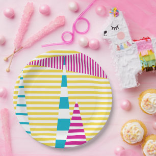 Prato De Papel Stripes em Stripes - Turquesa, Amarelo e Rosa