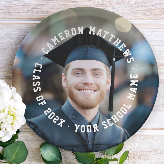 Prato De Papel Student graduation photo college jersey font (Student graduation photo college jersey font paper plates)