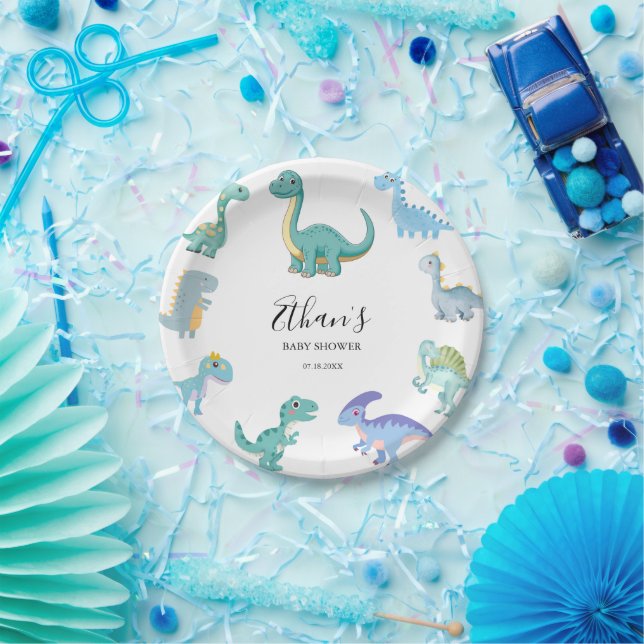 Prato De Papel Stylish Dinosaur Baby Shower White (Festa)