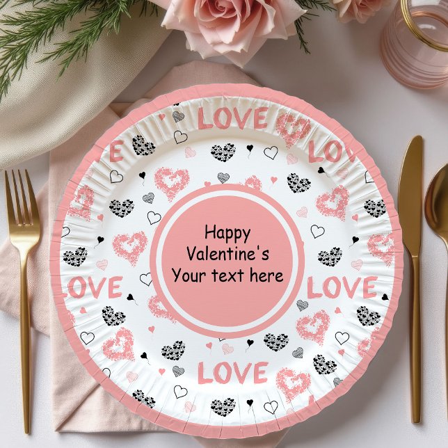 Prato De Papel Stylish Valentine Pink Black Heart Art Paper Plate (Stylish Valentine Pink Black Heart Art Paper Plates)