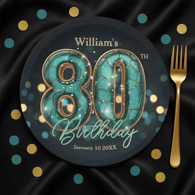 Prato De Papel Stylish Vibrant Teal and Gold 80th Birthday (Criador carregado)