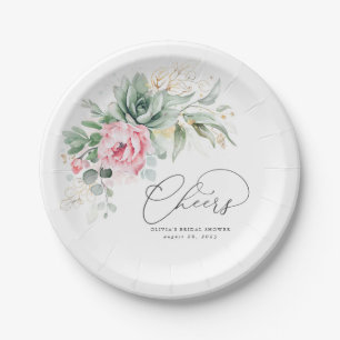 Prato De Papel Suculenta Verde Dourada Floral Rosa Cheers