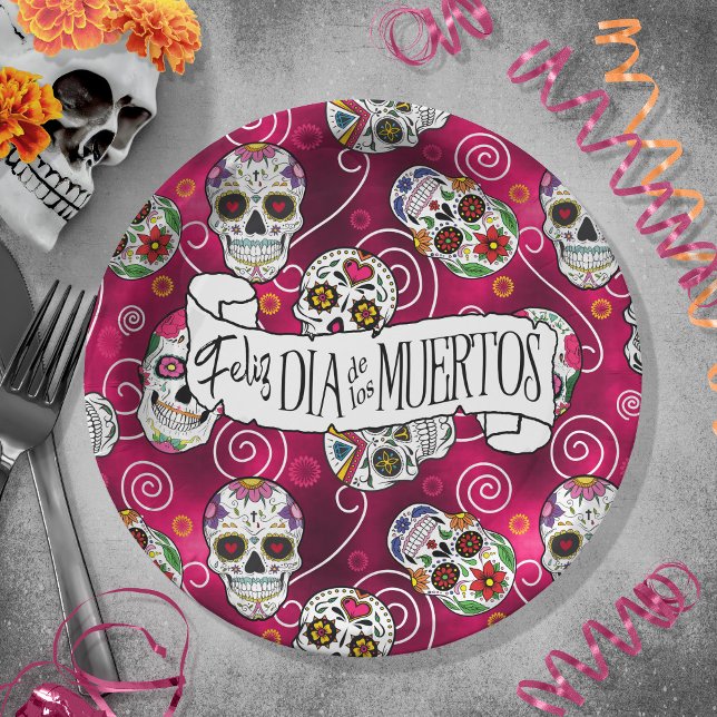 Prato De Papel Sugar Skulls and Swirls Rosa Red ID725 (Criador carregado)