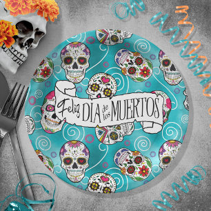 Prato De Papel Sugar Skulls and Swirls Rosa Turquoise ID725