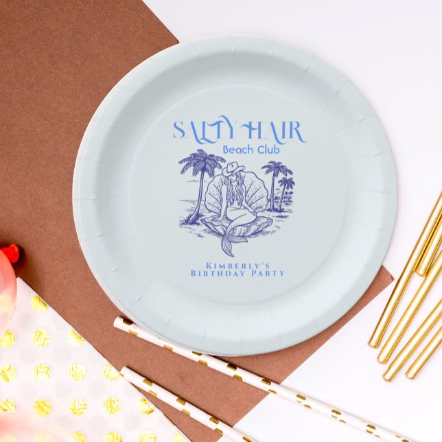 Prato De Papel Summer Coastal Blue Mermaid Cowgirl Birthday Party (Criador carregado)