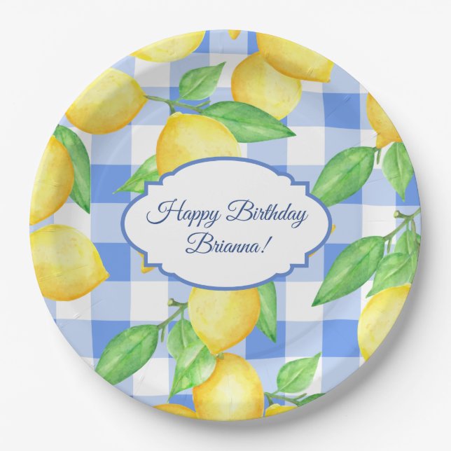 Prato De Papel Summer Lemon Gingham Birthday (Frente)