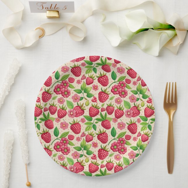 Prato De Papel Summer Raspberry Garden Botanical Fruit Pattern (Casamento)