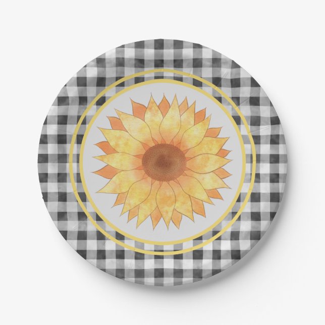 Prato De Papel Summer Sunflower Gingham Picnic (Frente)