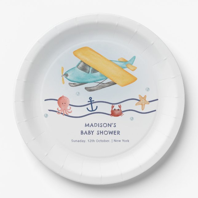 Prato De Papel Summer Travel Adventure Sea Airplane Baby Shower (Frente)