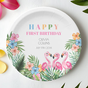 Prato De Papel Summer Tropical Flamingo Happy primeiro aniversari