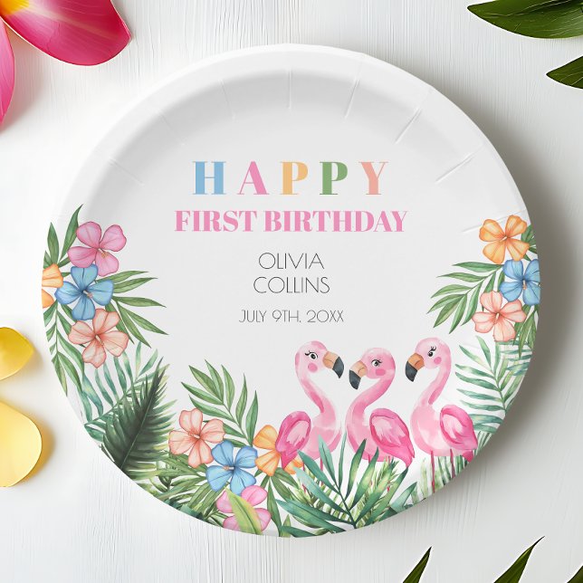 Prato De Papel Summer Tropical Flamingo Happy primeiro aniversari (Summer Tropical Flamingo Happy 1st Birthday Party Paper Plates)
