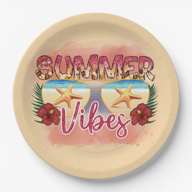 Prato De Papel Summer Vibes | Design de óculos de sol da praia co (Frente)