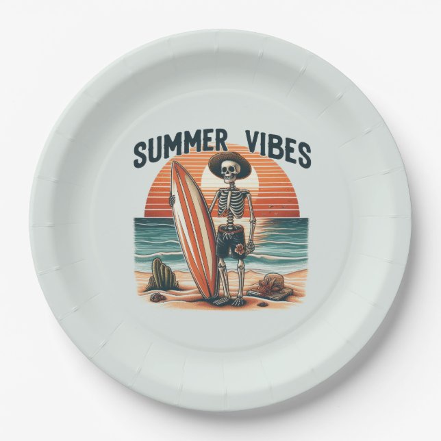 Prato De Papel Summer Vibes Skeleton Surfer Sunset Beach Design (Frente)