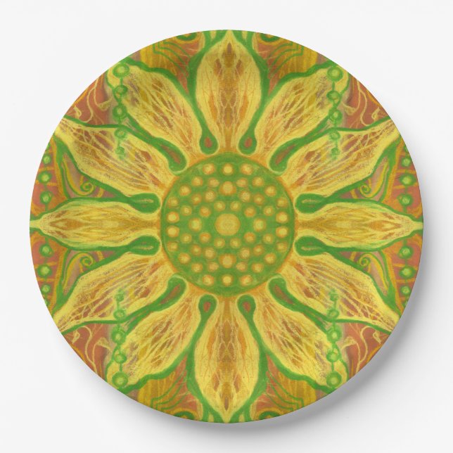 Prato De Papel Sun Flower bohemian art amarelo laranja verde (Frente)