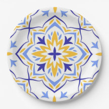 Sunburst Bloom Elegant Blue Gold Floral Mosaic 