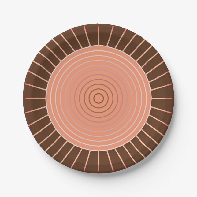 Prato De Papel Sunburst Geométrico Moderno - Peach e Brown (Frente)