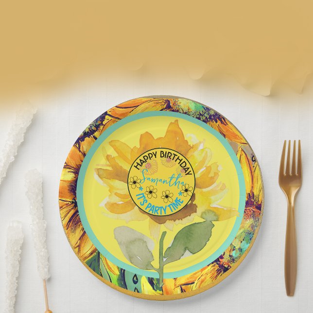 Prato De Papel Sunflower Birday Girl Yellow (Sunflower Birthday Girl Yellow Black Paper Plates)